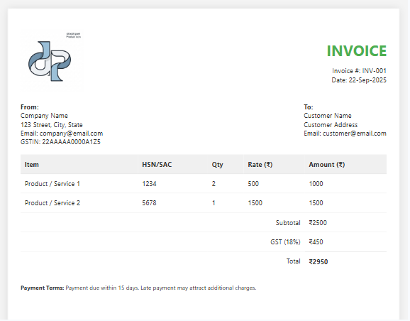 Advanced Invoice Template – Professional GST &amp; Payment Ready