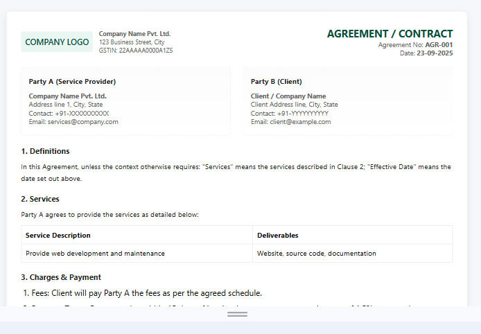 Agreement / Contract Template – Professional, Editable &amp; Printable